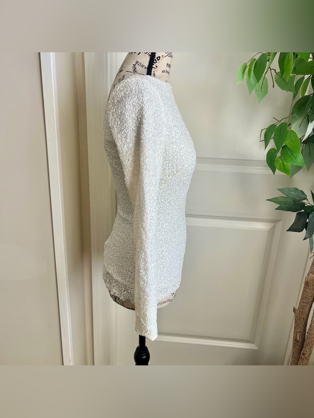 Lauren Ralph Lauren Evening Sequin Long Sleeve Boat Neck Top White Sz 2 - Picture 8 of 16